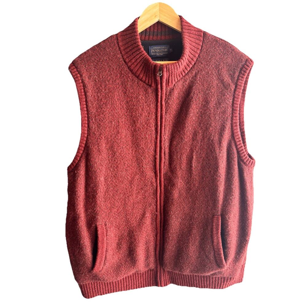 Pendleton Vest Mens XL Burgandy Washable Shetland Wool Full Zip Pockets Lined